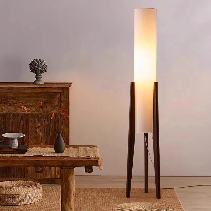 Lampadaire japonais rétro en bois massif – Abat-jour en tissu