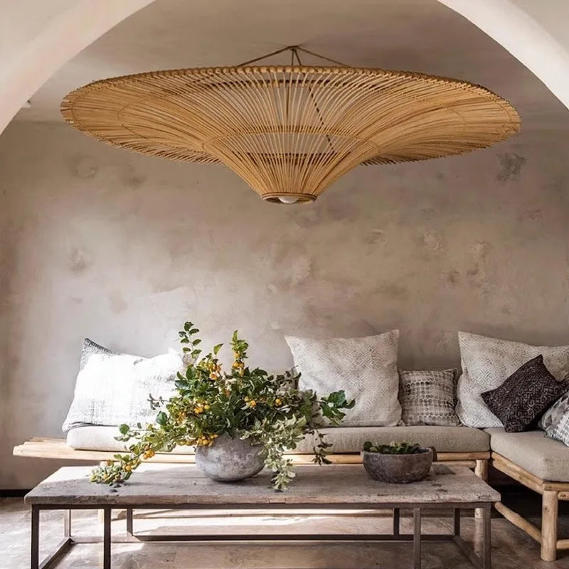 Lustre en rotin vintage wabi-sabi – Suspension naturelle