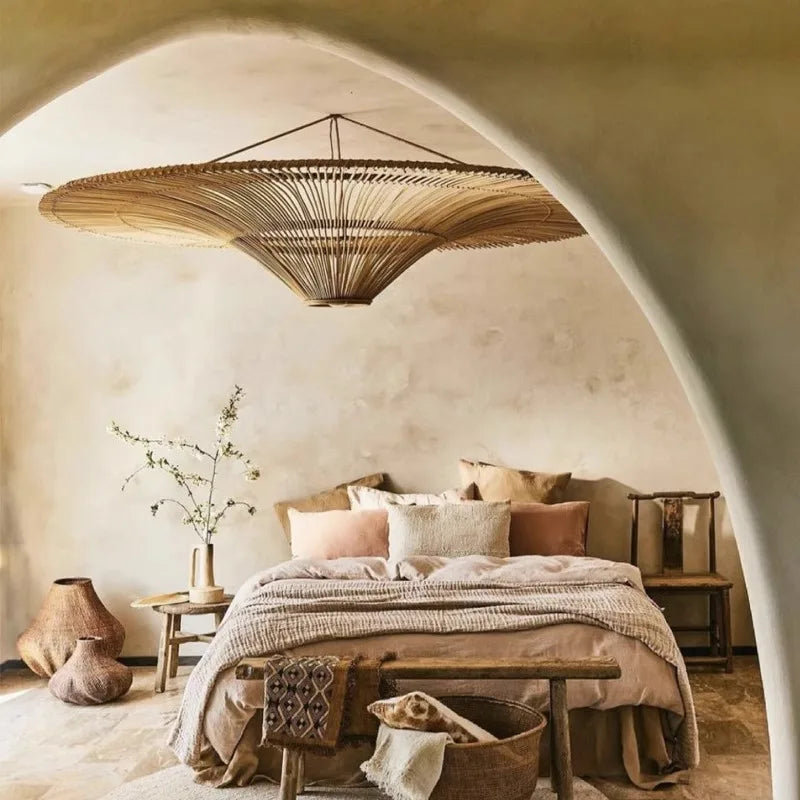 Lustre en rotin vintage wabi-sabi – Suspension naturelle