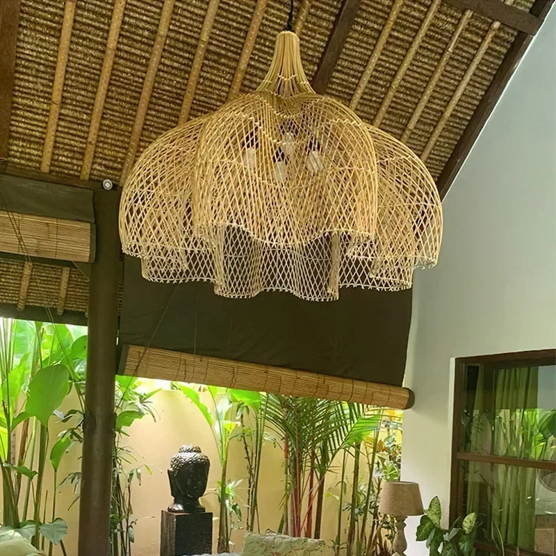 Lustre LED en rotin japonais – Suspension tressée à la main
