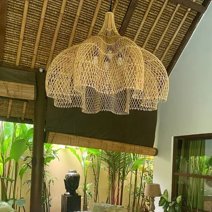 Lustre LED en rotin japonais – Suspension tressée à la main
