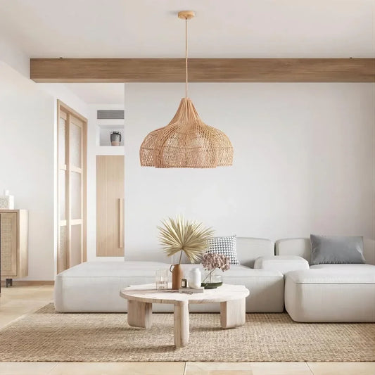 Lustre LED en rotin japonais – Suspension tressée à la main