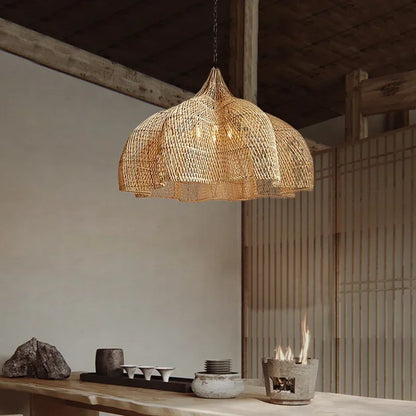 Lustre LED en rotin japonais – Suspension tressée à la main