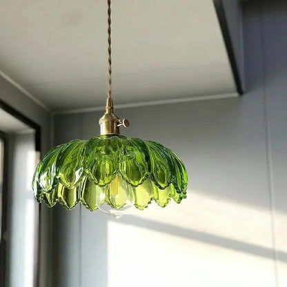 Suspension florale en laiton et verre coloré – Style vintage