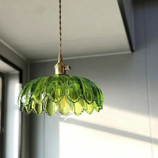 Suspension florale en laiton et verre coloré – Style vintage