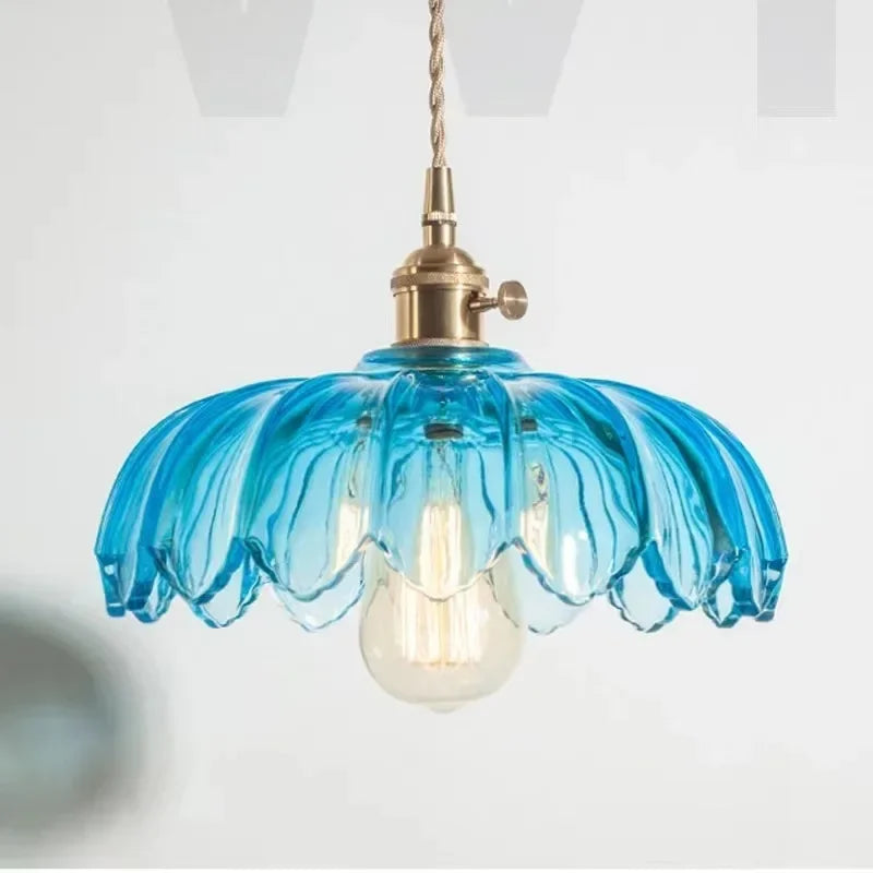 Suspension florale en laiton et verre coloré – Style vintage