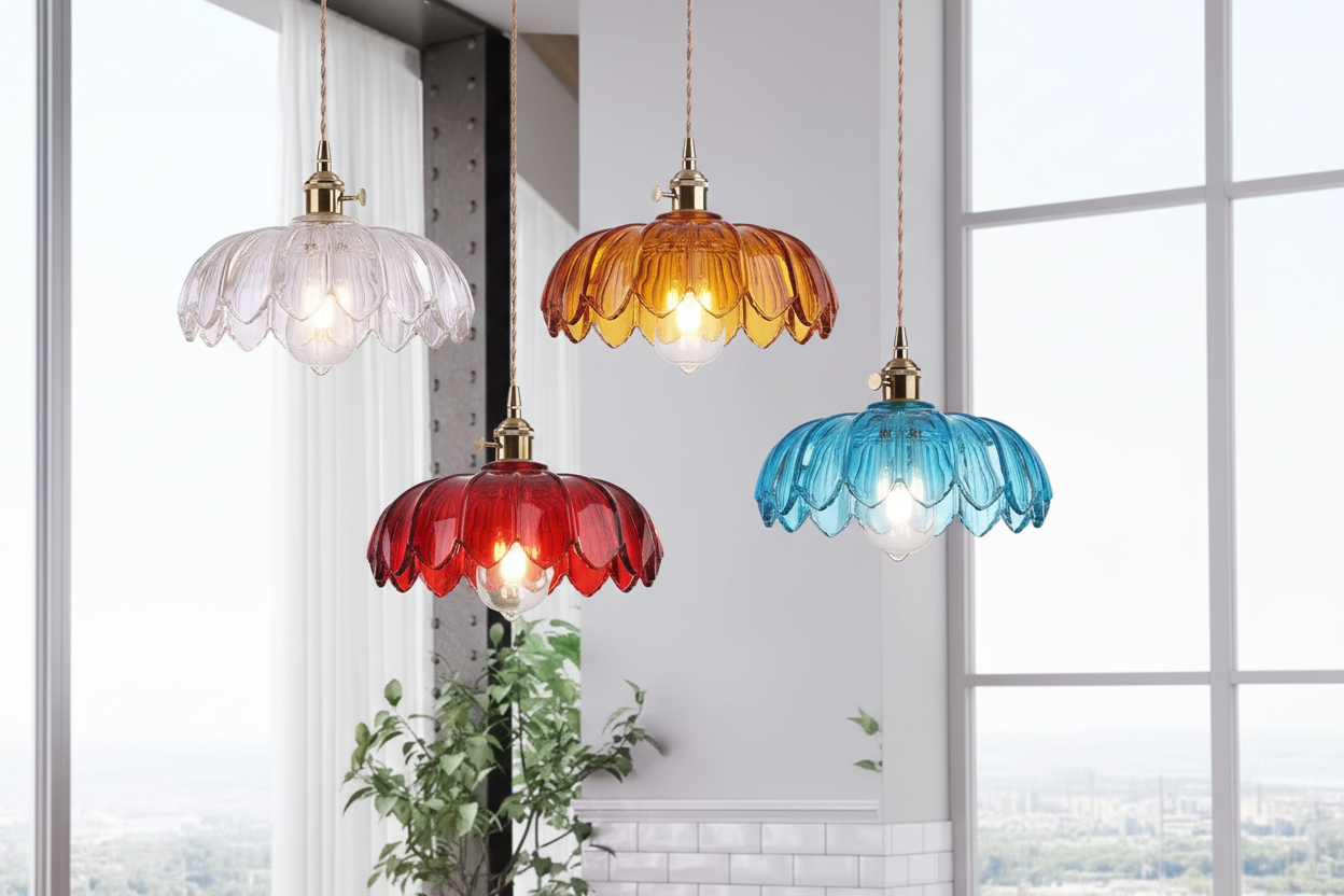 Suspension florale en laiton et verre coloré – Style vintage